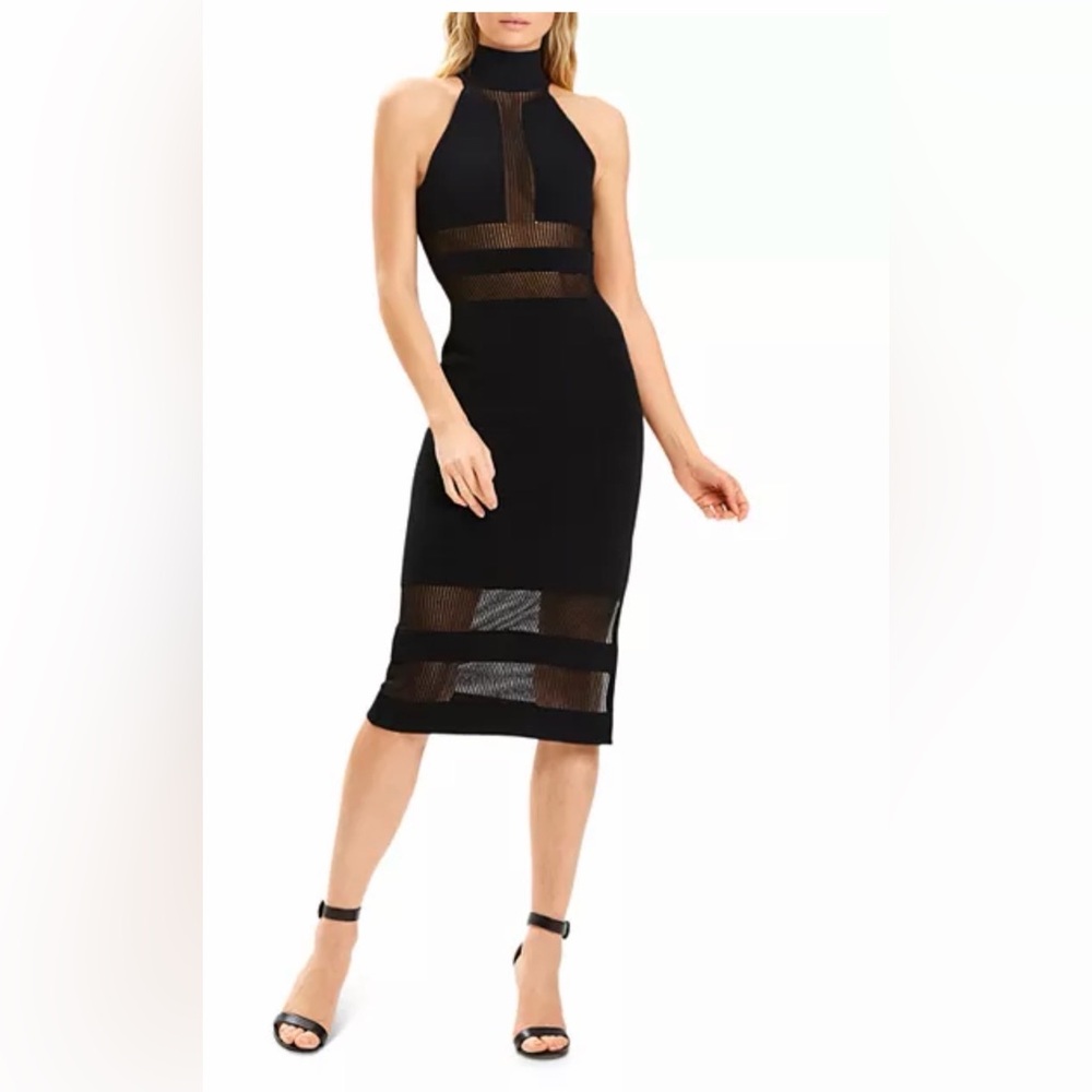 Herve Leger Black Halter Mesh-Panel Midi Dress